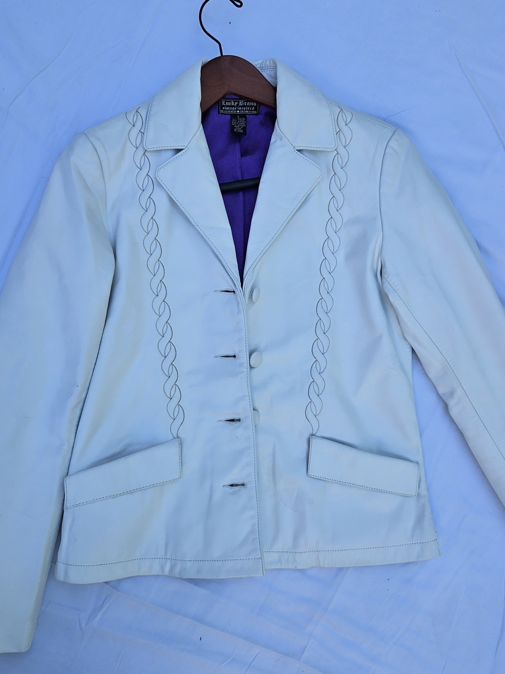 Lucky Brand Vintage Inspired White Leather Jacket Braided Detail Purple Lining S